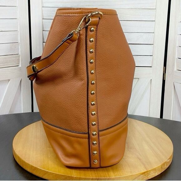 MKF Mia K Farrow Nya Cognac Gold Studded Hobo Bag Tote - Picture 2 of 9